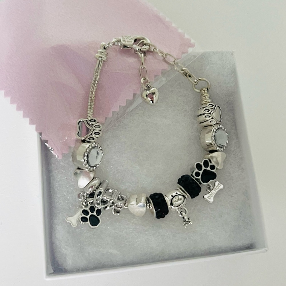 Dog Mom European Charm Bracelet Paw Print Pet Lover Gift